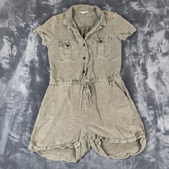 C&C California Size S Womens Green 1/2 Button Short Sleeve Chic Linen Romper - Picture 1 of 8